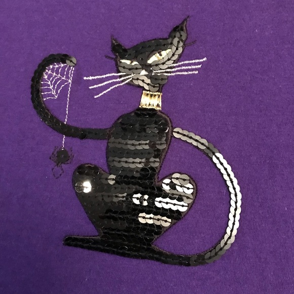 Halloween Graphic Tee Womens Size 2X Purple Long Sleeve Sequin Black Cat Spider - Picture 2 of 6